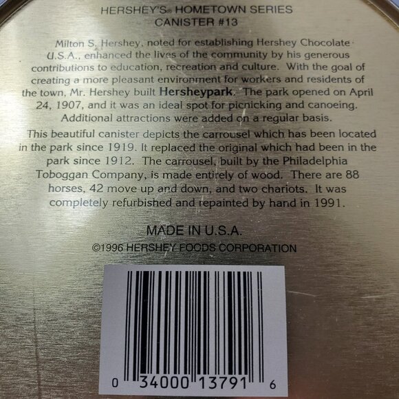 Hershey Park Carrousel Tin Box Hometown Series Canister #13 USA 1996 Empty - Picture 2 of 4